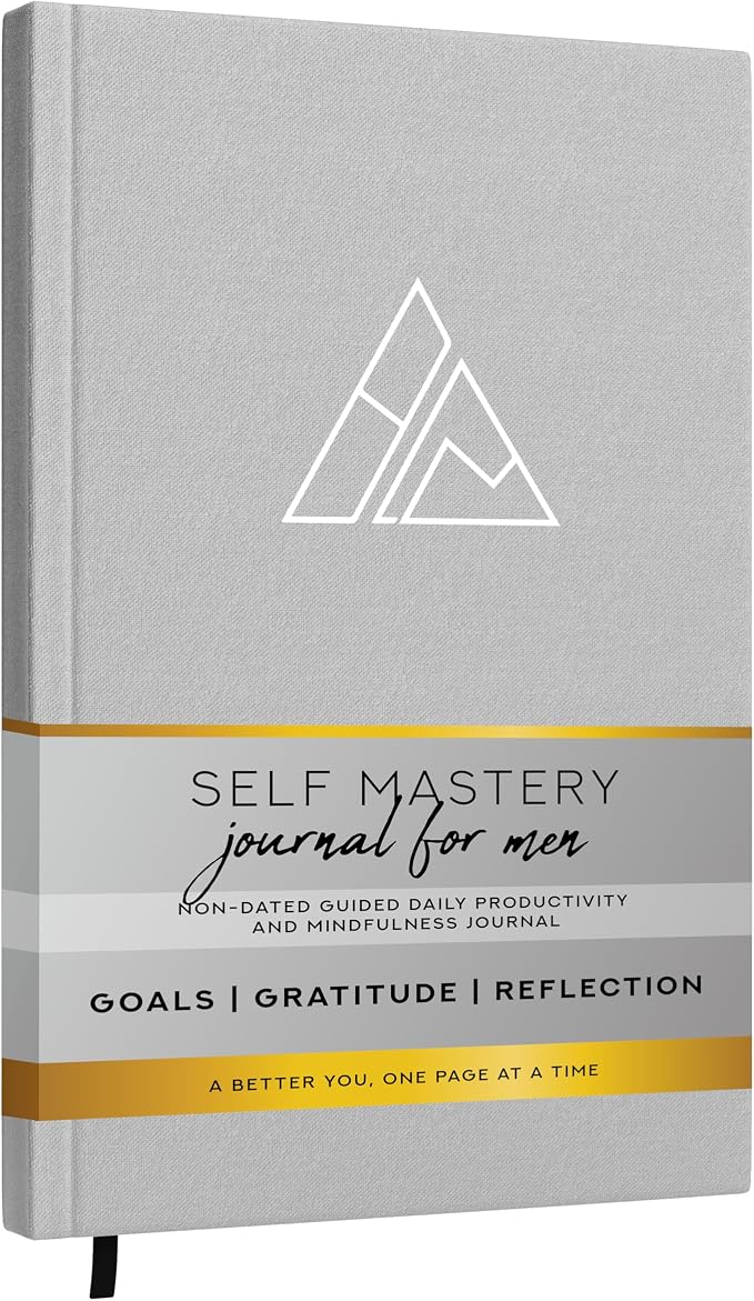Gray linen Self-Mastery Journal standing upright with its belly band