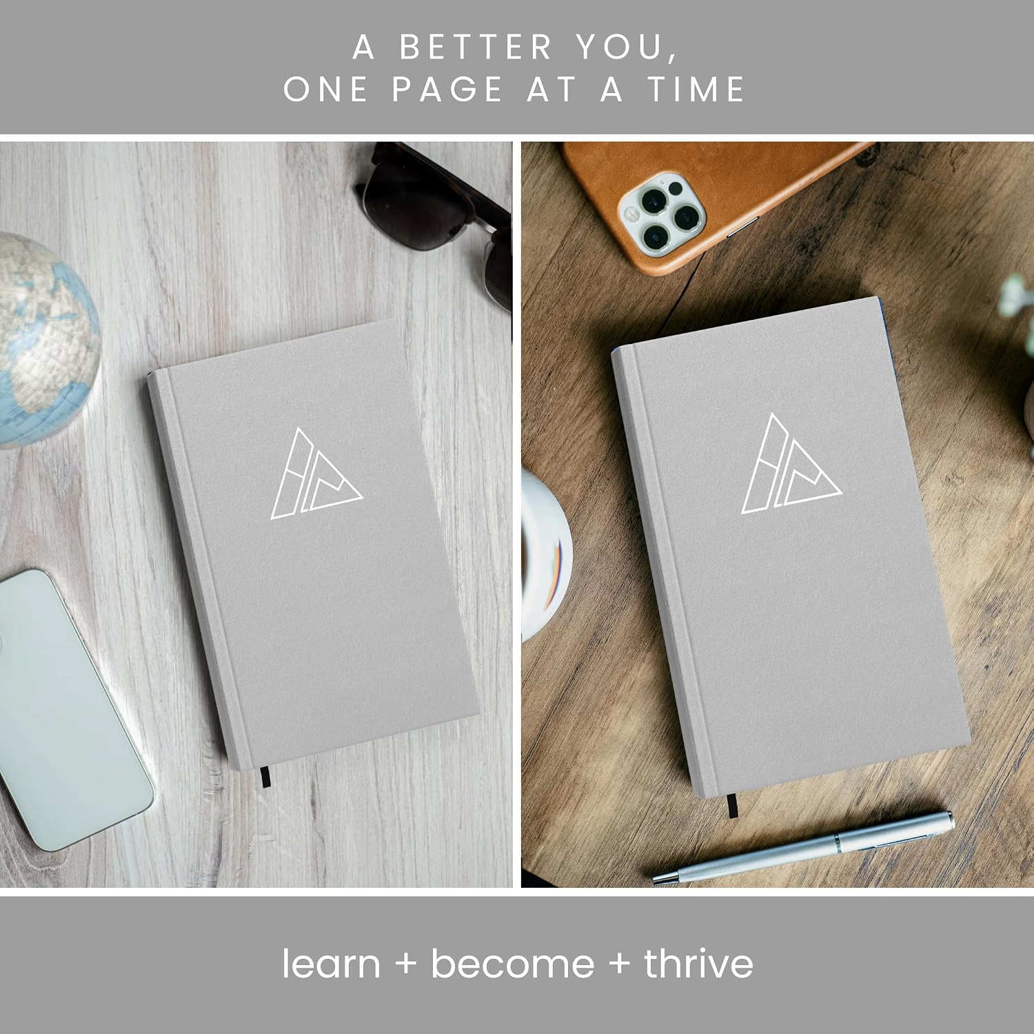 Two gray journals photographed on light wood and on a desk beside a phone